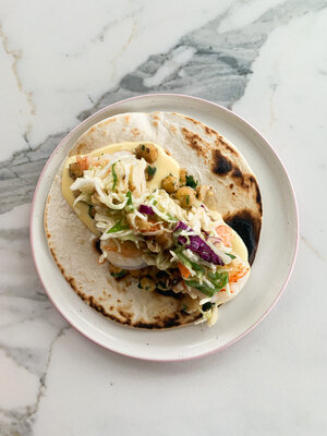 Grilled Shrimp Tacos with Peach Ginger Slaw