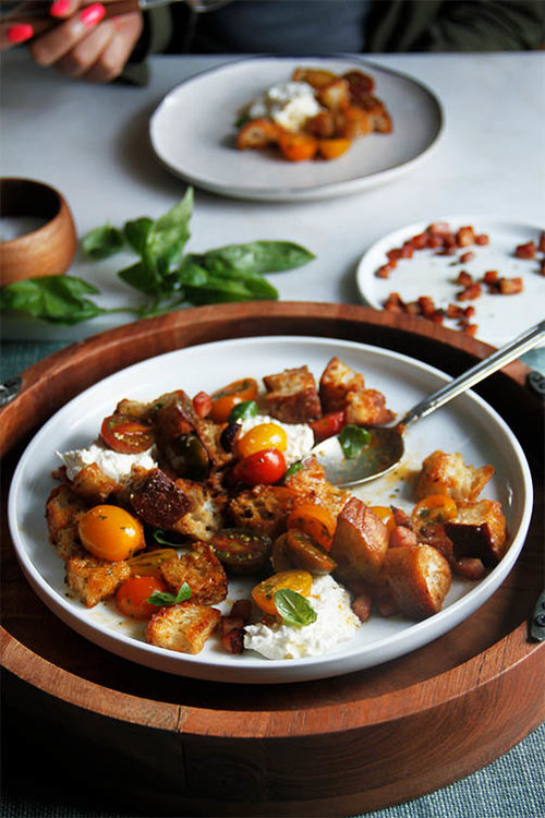 Roasted Apricot, Pork Belly Buratta Panzanella